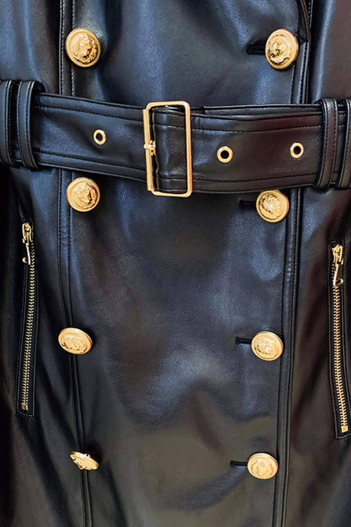 Womens Black Long Leather Trench Coat