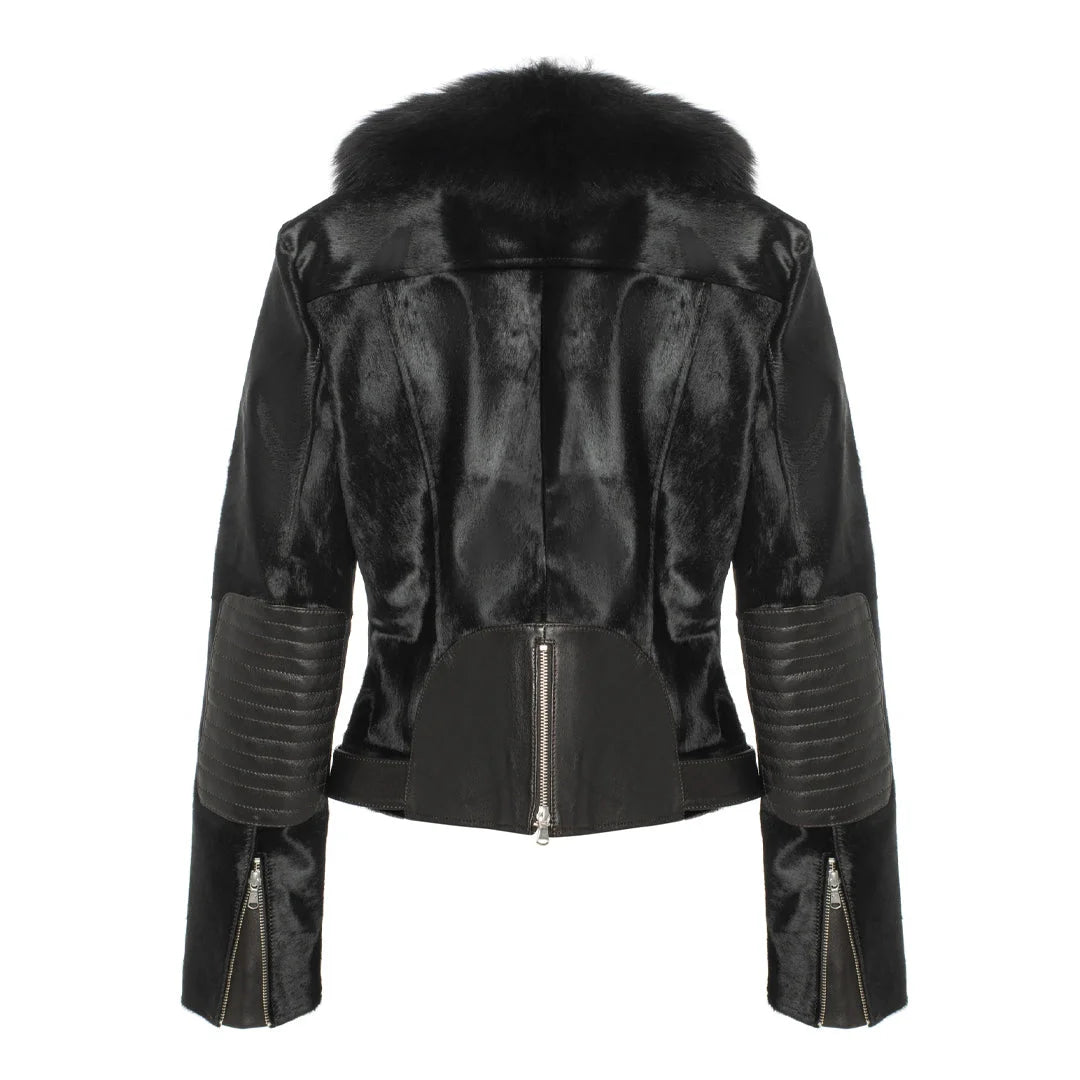 Womens Tara Calf Black Fur Leather Jacket