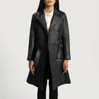 Womens Black Leather Quilted Trench Coat