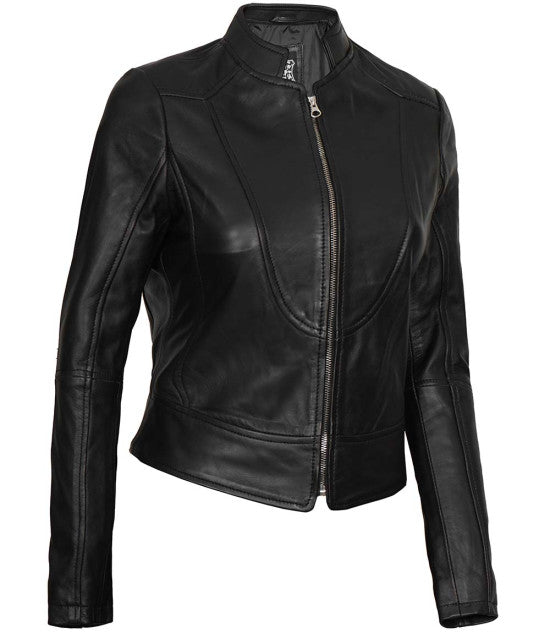 Women Black Cafe Racer Leather Jacket