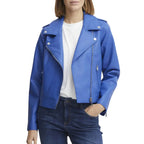 Womens Blue Moto Jacket With Asymmetrical Zipper