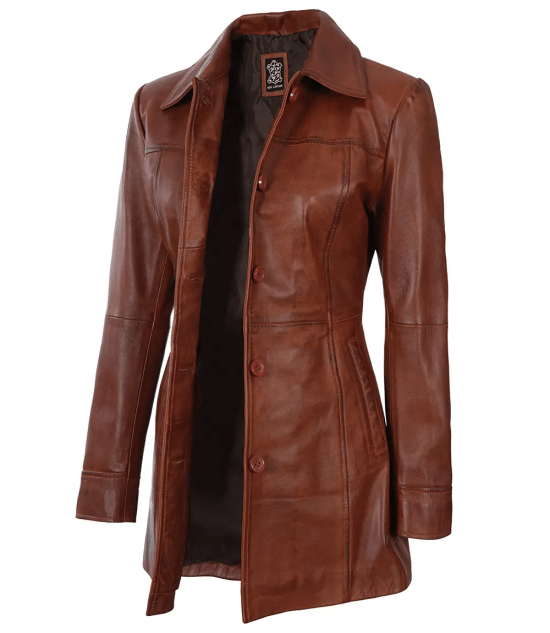Womens Cognac Brown Leather Car Coat