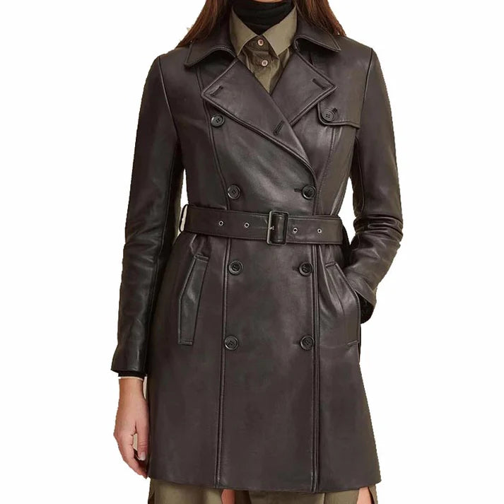 Women Brown Leather Belted Trench Coat