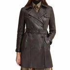 Women Brown Leather Belted Trench Coat