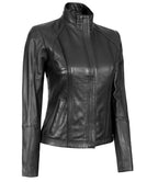 Black Leather Cafe Racer Motorcycle Jacket For Women