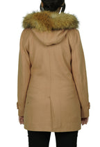 Womens Camel Brown Fur Hooded Wool Duffle Coat
