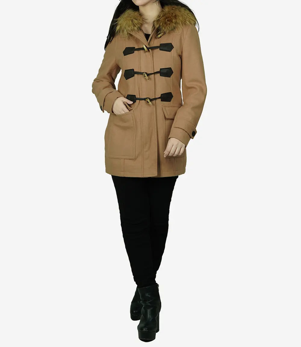 Womens Camel Brown Fur Hooded Wool Duffle Coat