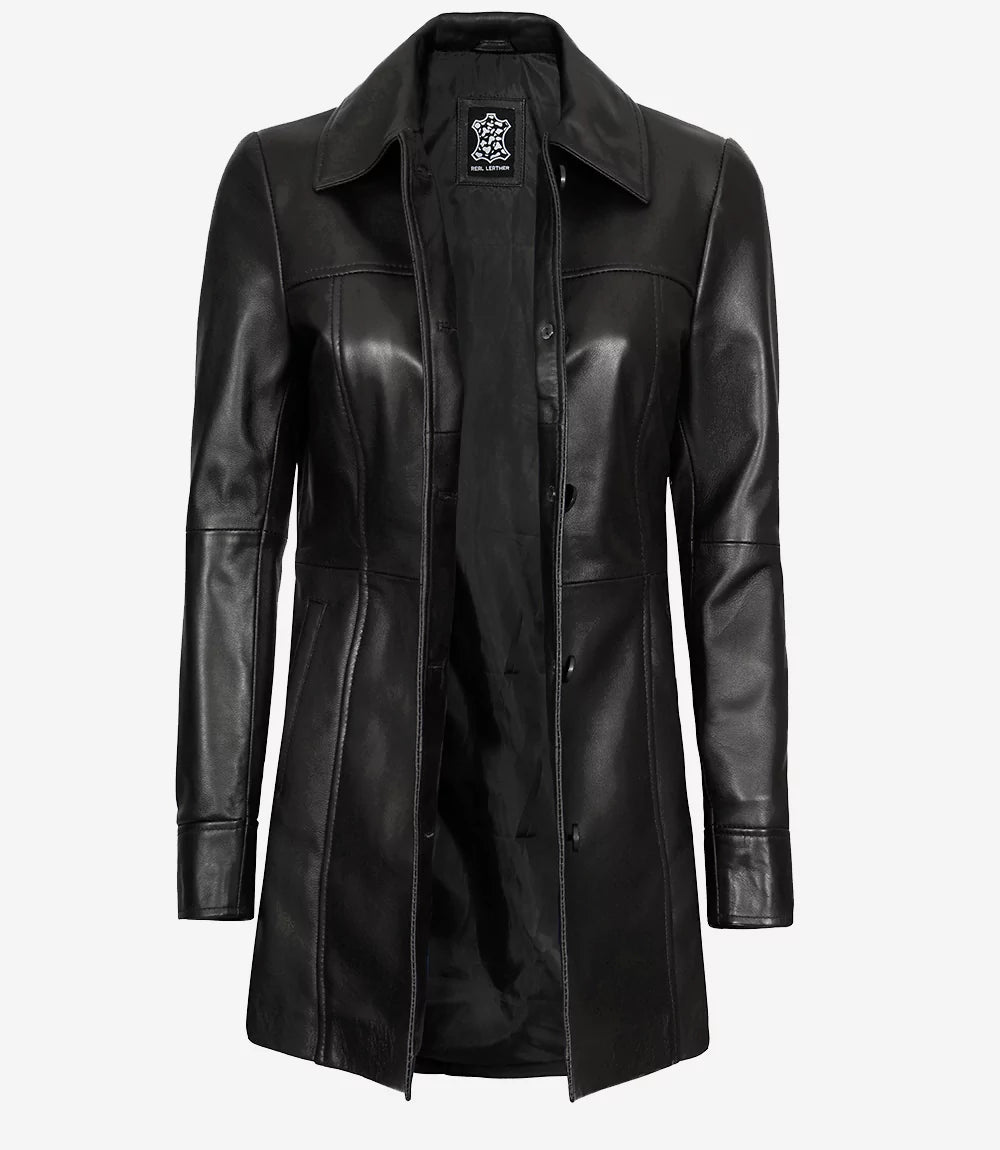 Womens Leather Black Coat - 3/4 Length