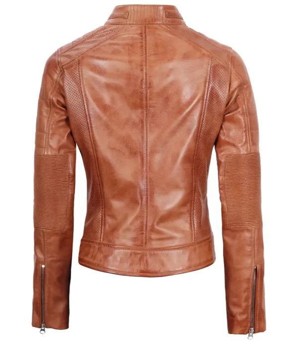 Classic Womens Tan Brown Cafe Racer Jacket
