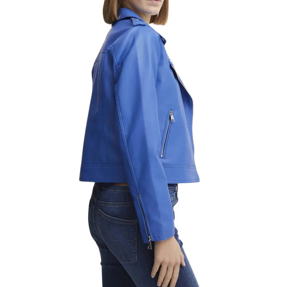 Womens Blue Moto Jacket With Asymmetrical Zipper