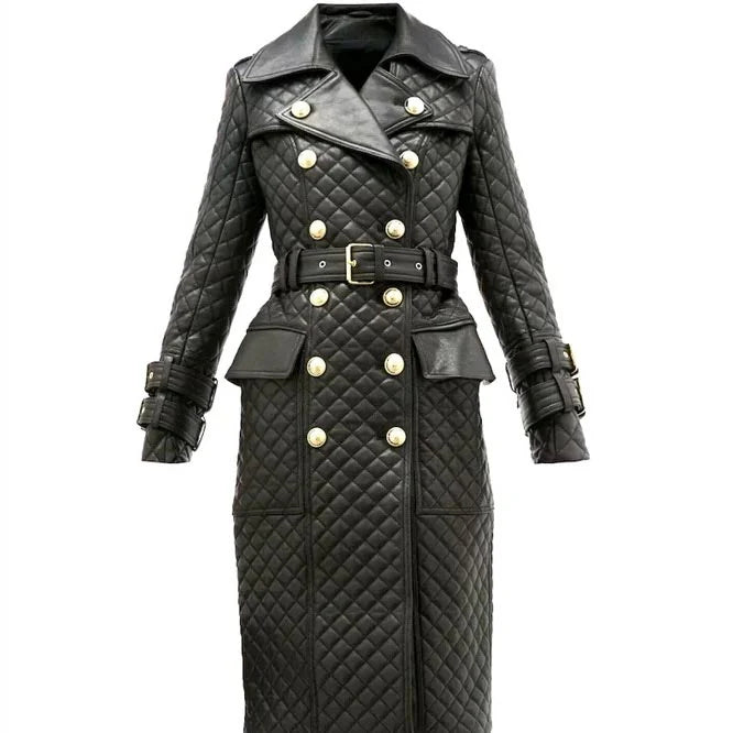Womens Double Breasted Quilted Leather Trench Coat