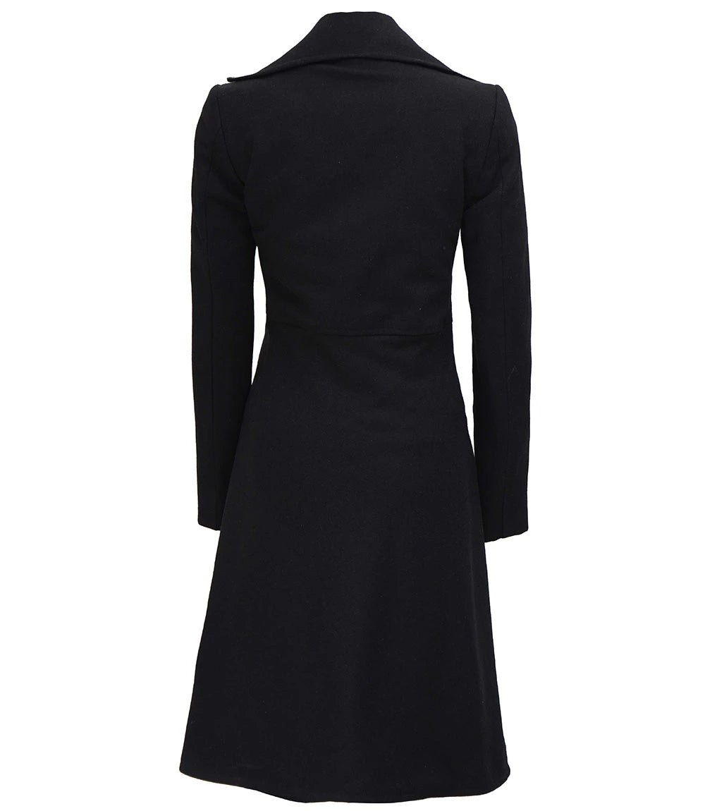 Womens Black Double Breasted Wool Trench Coat