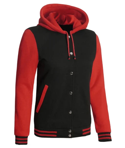 Womens Black And Red Hooded Baseball Varsity Jacket