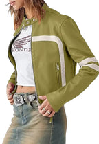 Womens Green Faux Leather Motocross White Stripes Jacket