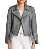 Womens Grey Leather Biker Jacket