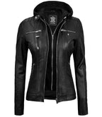 Women Black Detachable Hood Leather Jacket