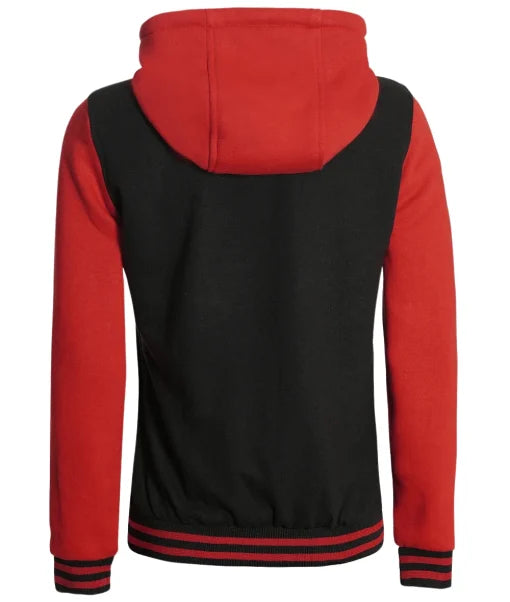Womens Black And Red Hooded Baseball Varsity Jacket