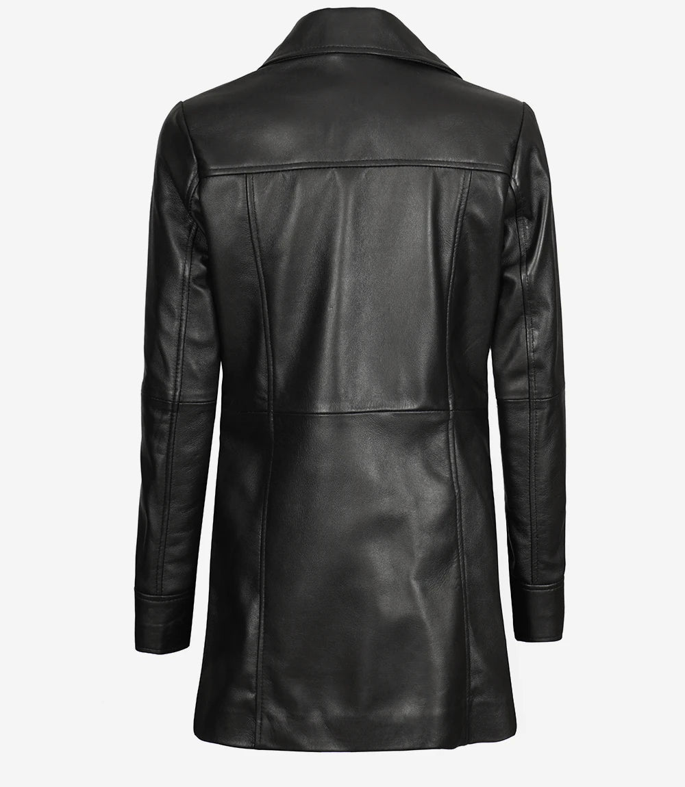 Womens Leather Black Coat - 3/4 Length
