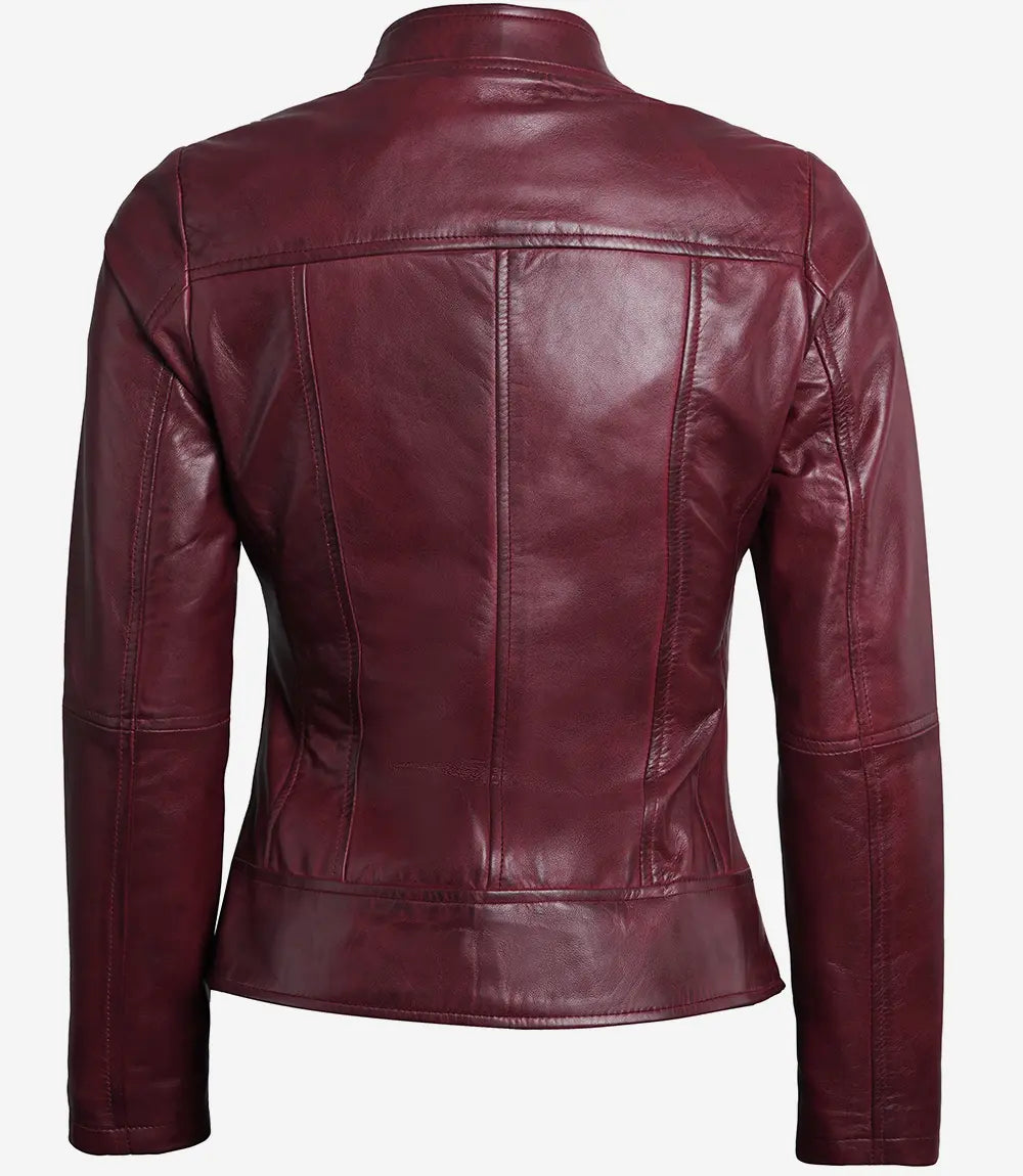 Women Maroon Cafe Racer Leather Jacket