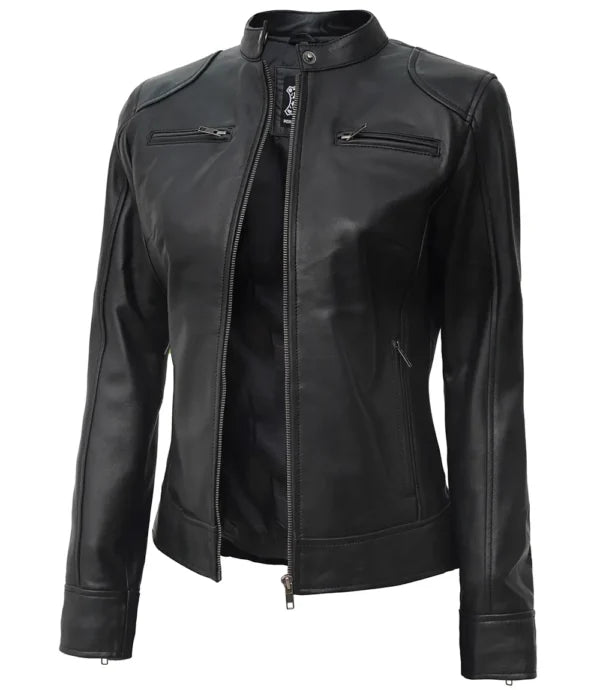 Womens Black Lambskin Motorcycle Jacket Dodge Edition