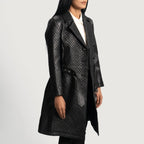 Womens Black Leather Quilted Trench Coat