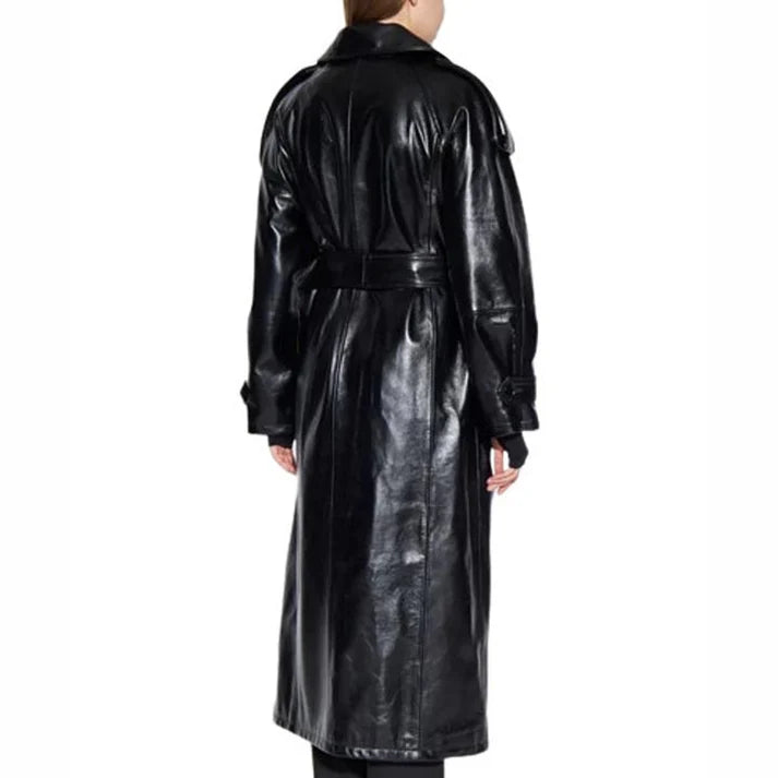 Women Genuine Leather Black Trench Coat