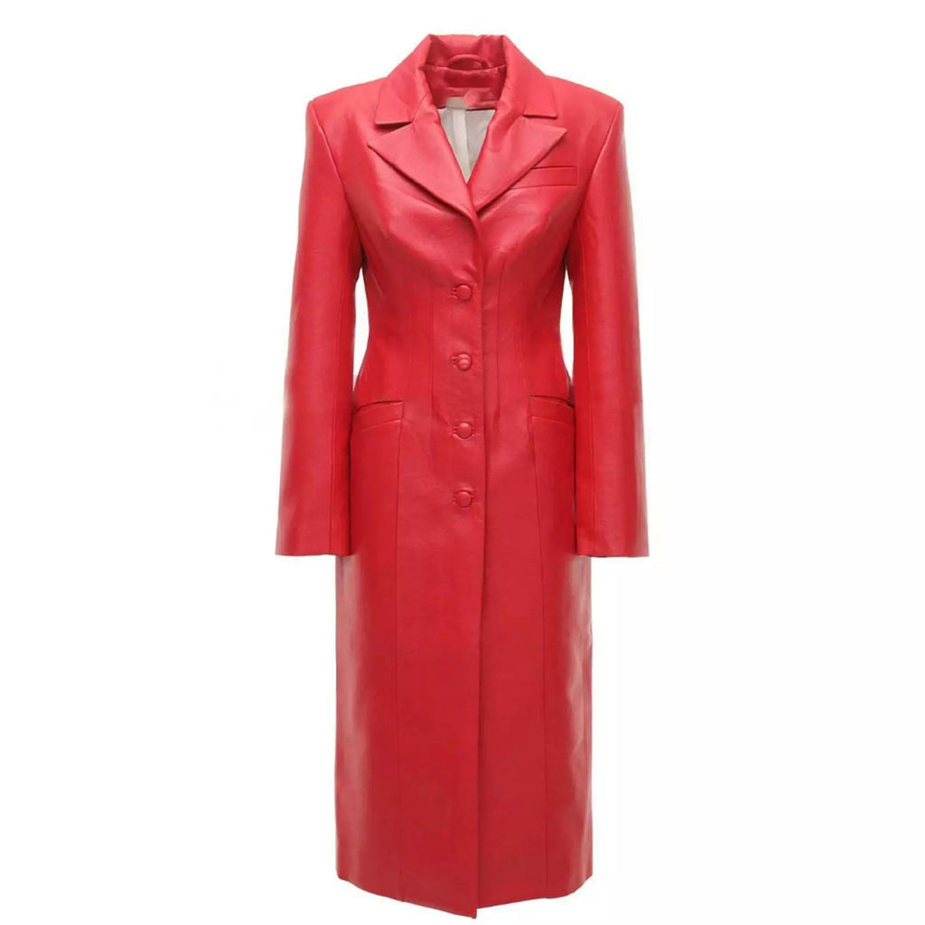 Womens Red Leather Button Up Steampunk Trench Coat