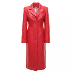 Womens Red Leather Button Up Steampunk Trench Coat