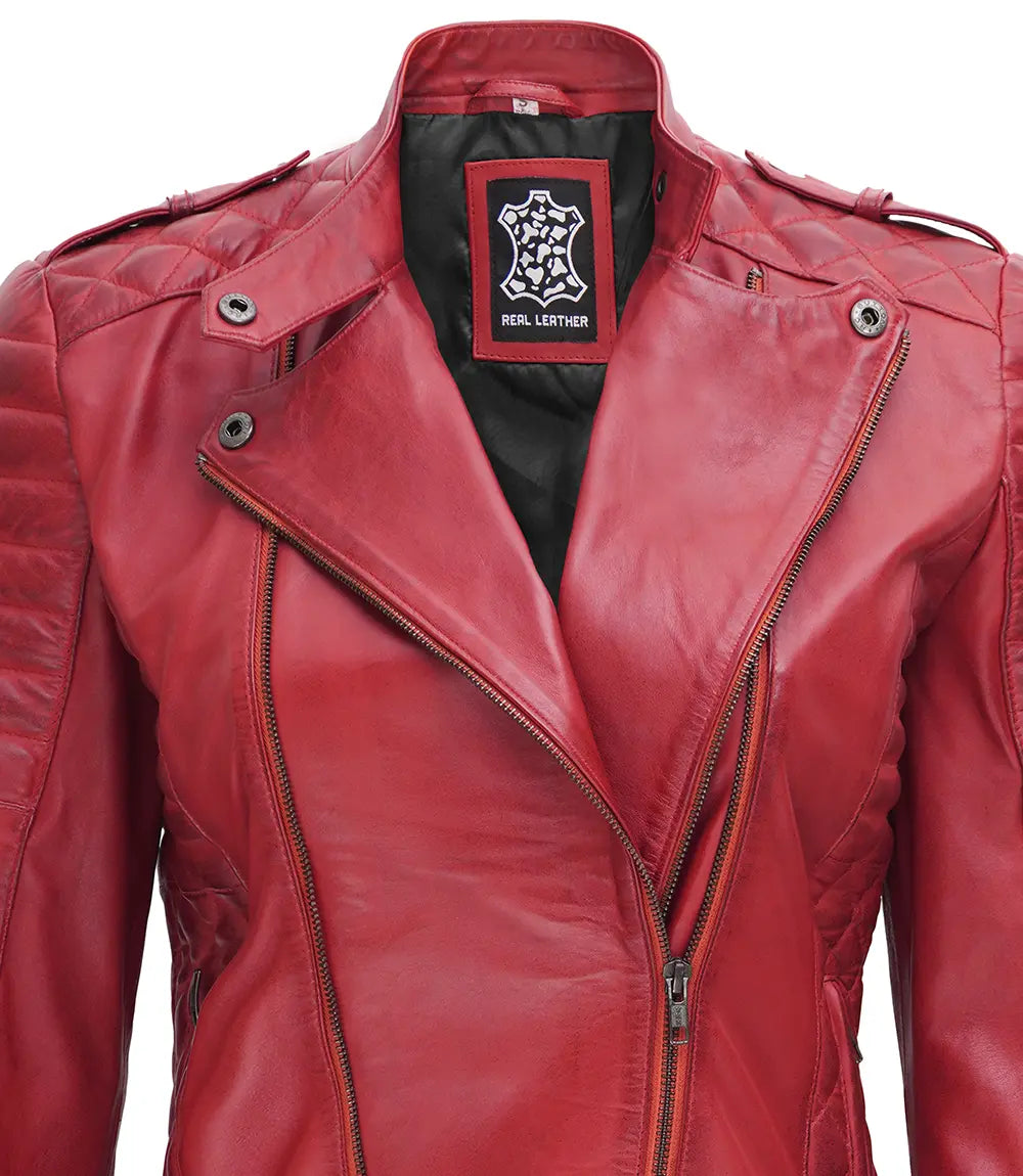 Womens Red Asymmetrical Biker Leather Jacket