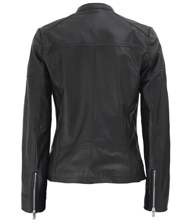 Womens Black Textured Leather Cafe Racer Jacket
