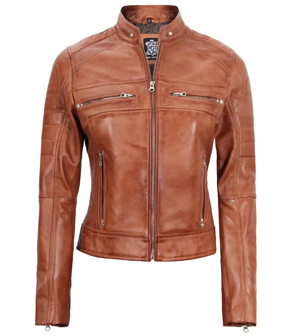 Classic Womens Tan Brown Cafe Racer Jacket