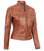 Classic Womens Tan Brown Cafe Racer Jacket