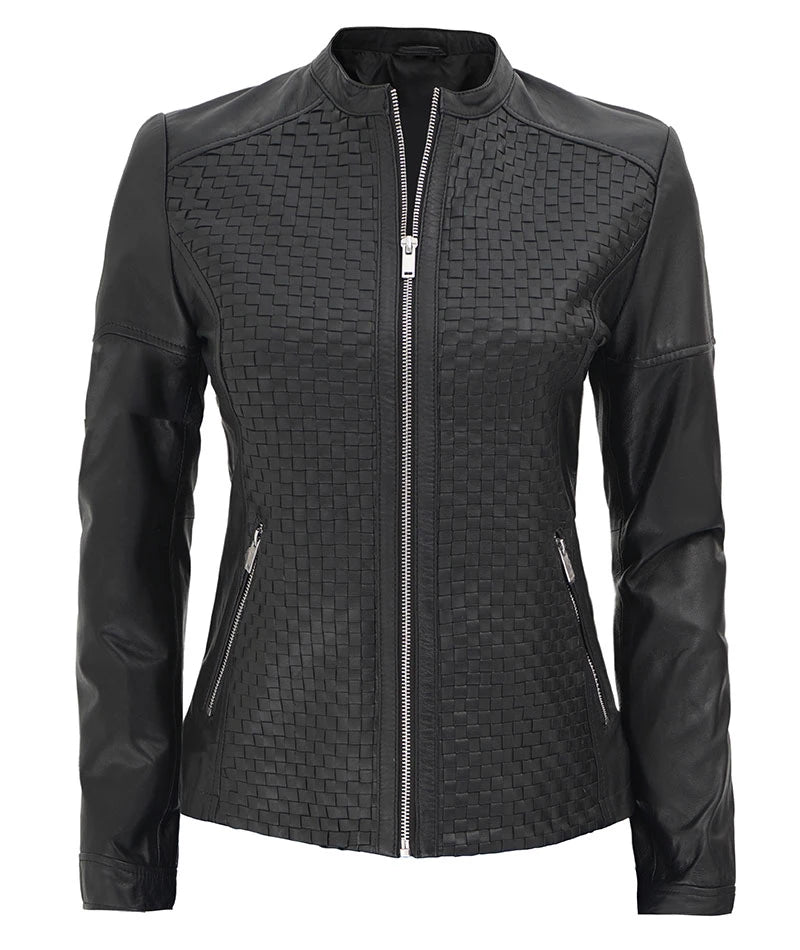 Womens Black Textured Leather Cafe Racer Jacket