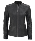 Womens Black Textured Leather Cafe Racer Jacket