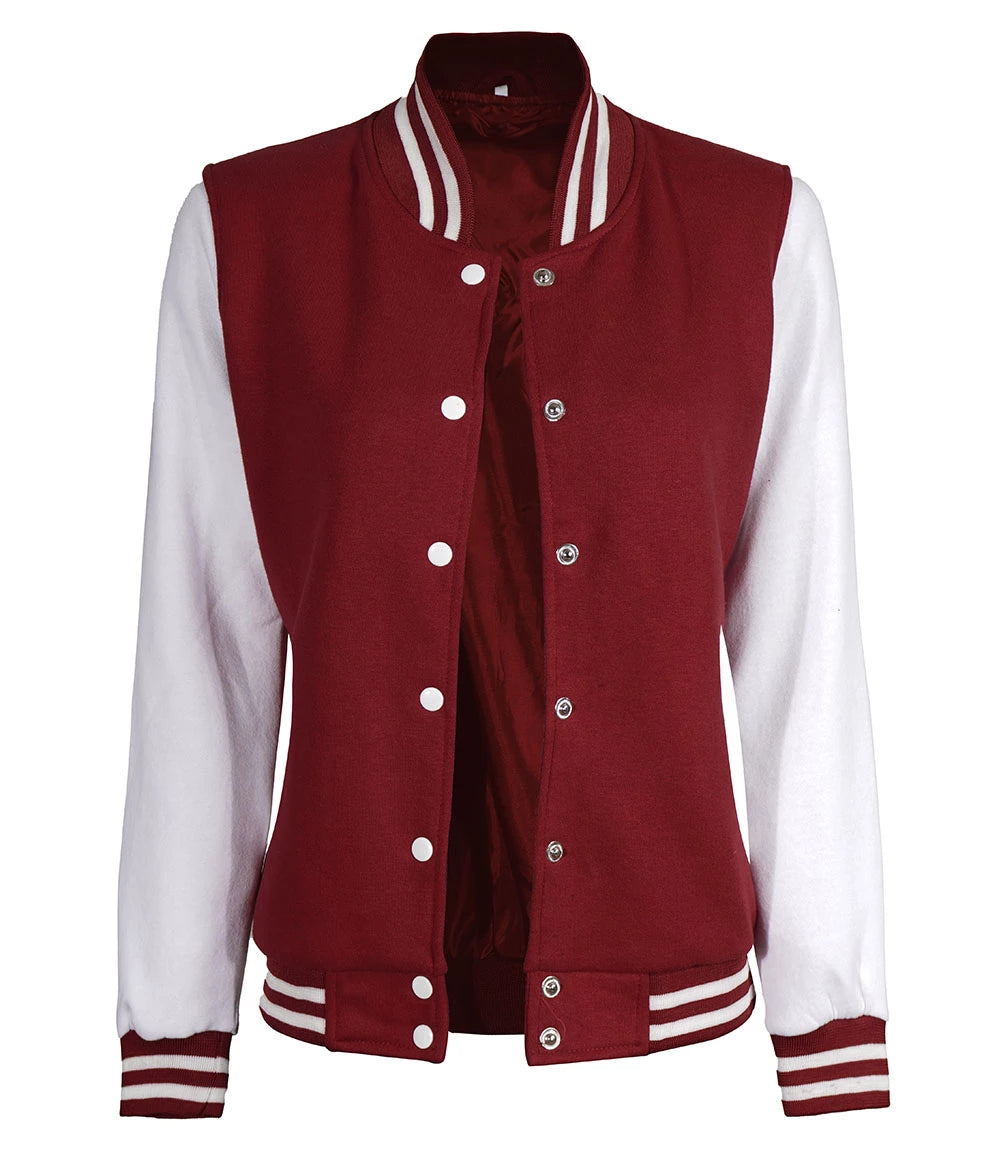 Womens Maroon White Sleeves Varsity Jacket