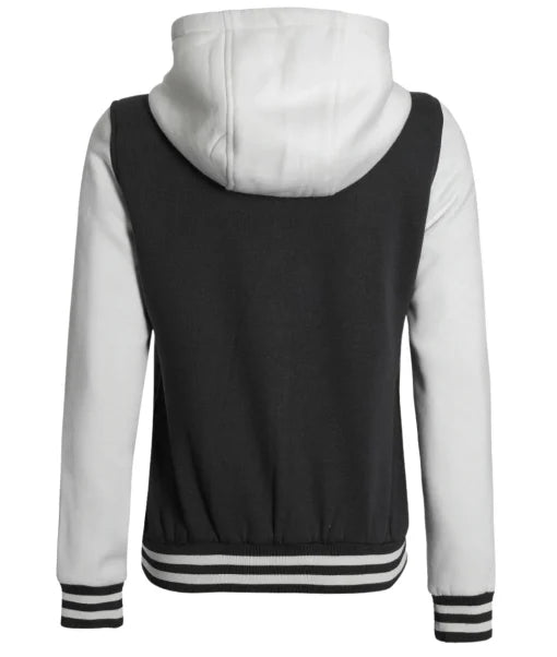 Womens Black And White Letterman Hooded Varsity Jacket