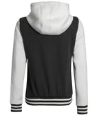 Womens Black And White Letterman Hooded Varsity Jacket
