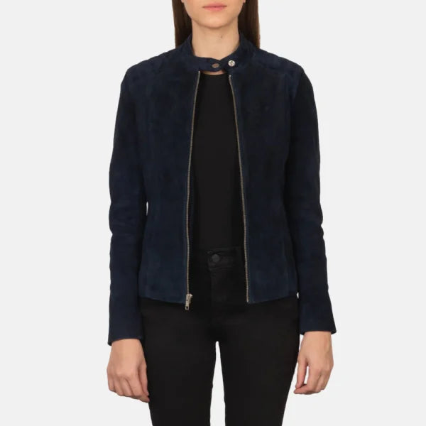 Women Navy Blue Suede Biker Jacket