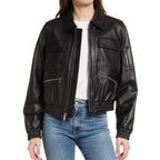 Womens Black Tall Leather Bomber Spread jacket