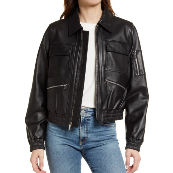 Womens Black Tall Leather Bomber Spread jacket