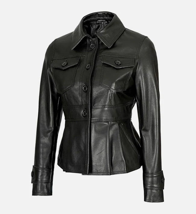 Womens Motorcycle Style Black Leather Trucker Jacket