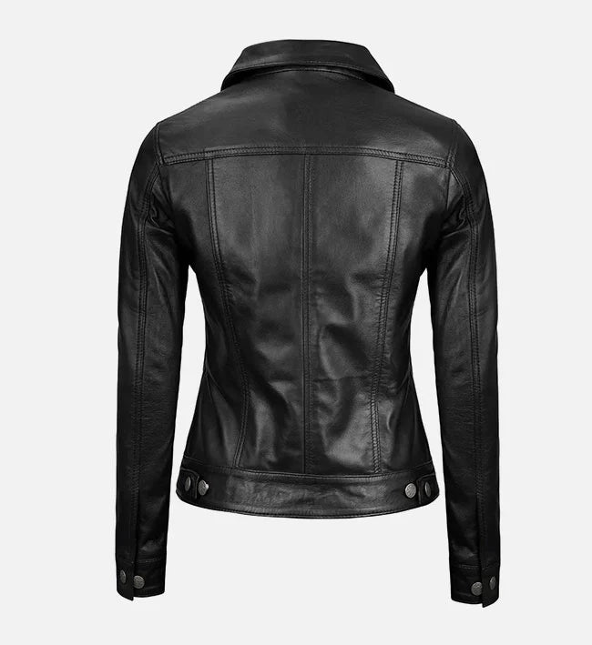 Women Black Trucker Leather Jacket