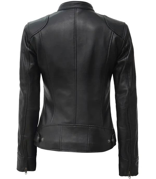 Womens Tall Black Leather Biker Jacket