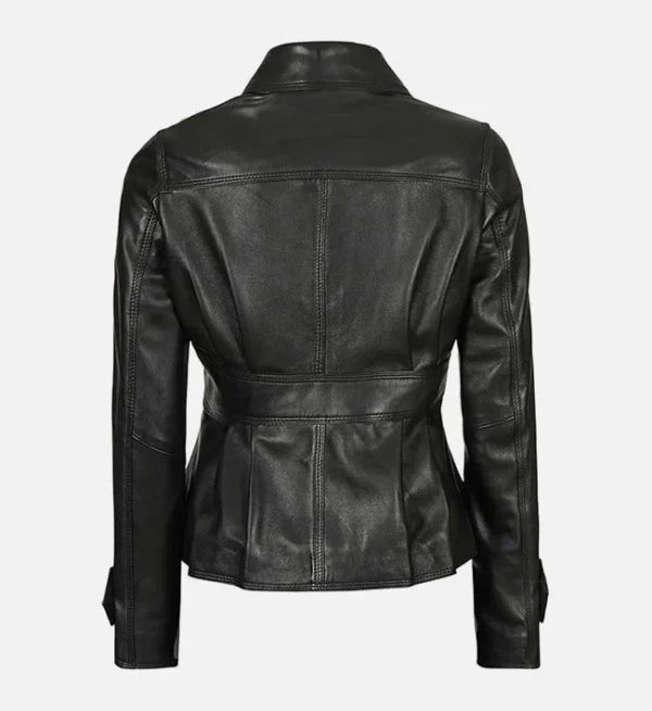 Womens Motorcycle Style Black Leather Trucker Jacket