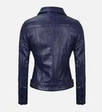 Women Royal Blue Leather Trucker Jacket