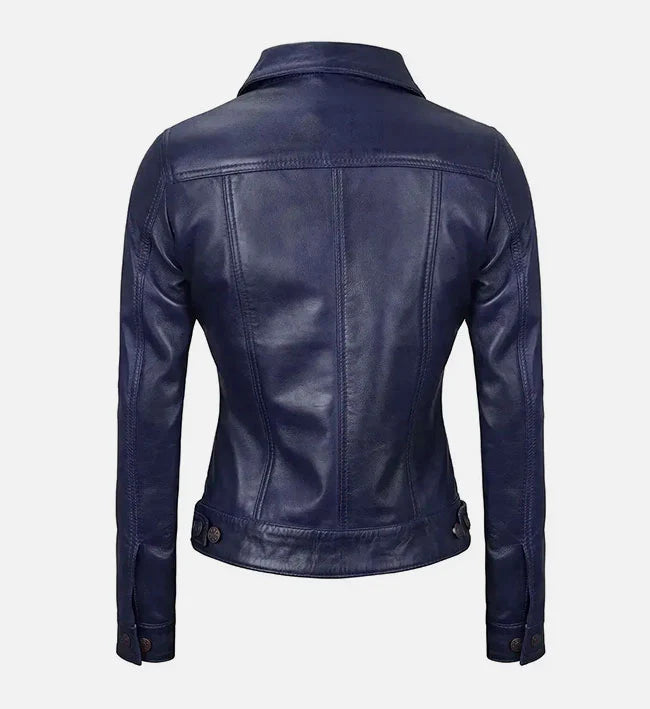 Women Royal Blue Leather Trucker Jacket