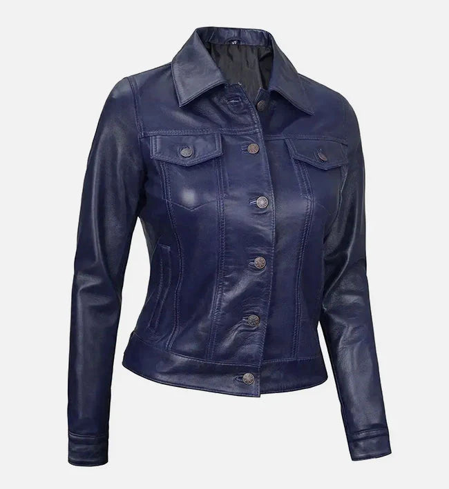 Women Royal Blue Leather Trucker Jacket