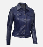 Women Royal Blue Leather Trucker Jacket
