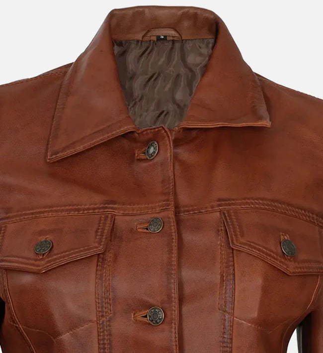 Womens Cognac Brown Trucker Leather Jacket