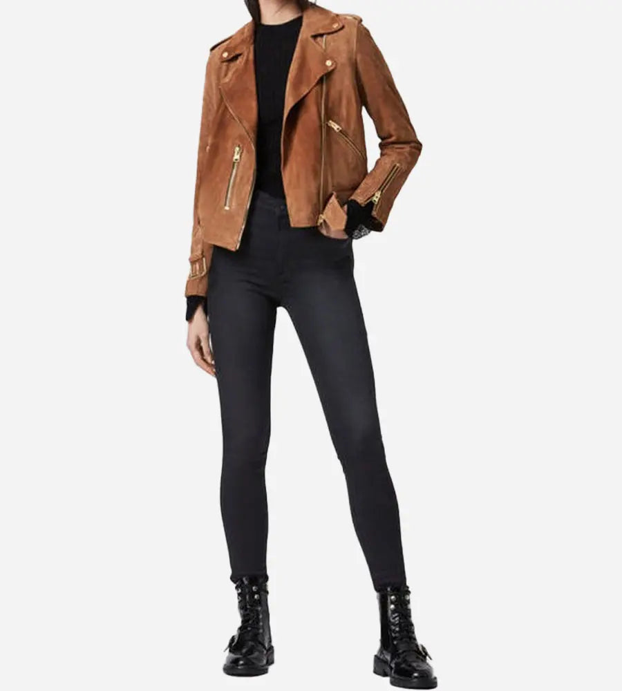 Women Biker Style Brown Suede Leather Jacket